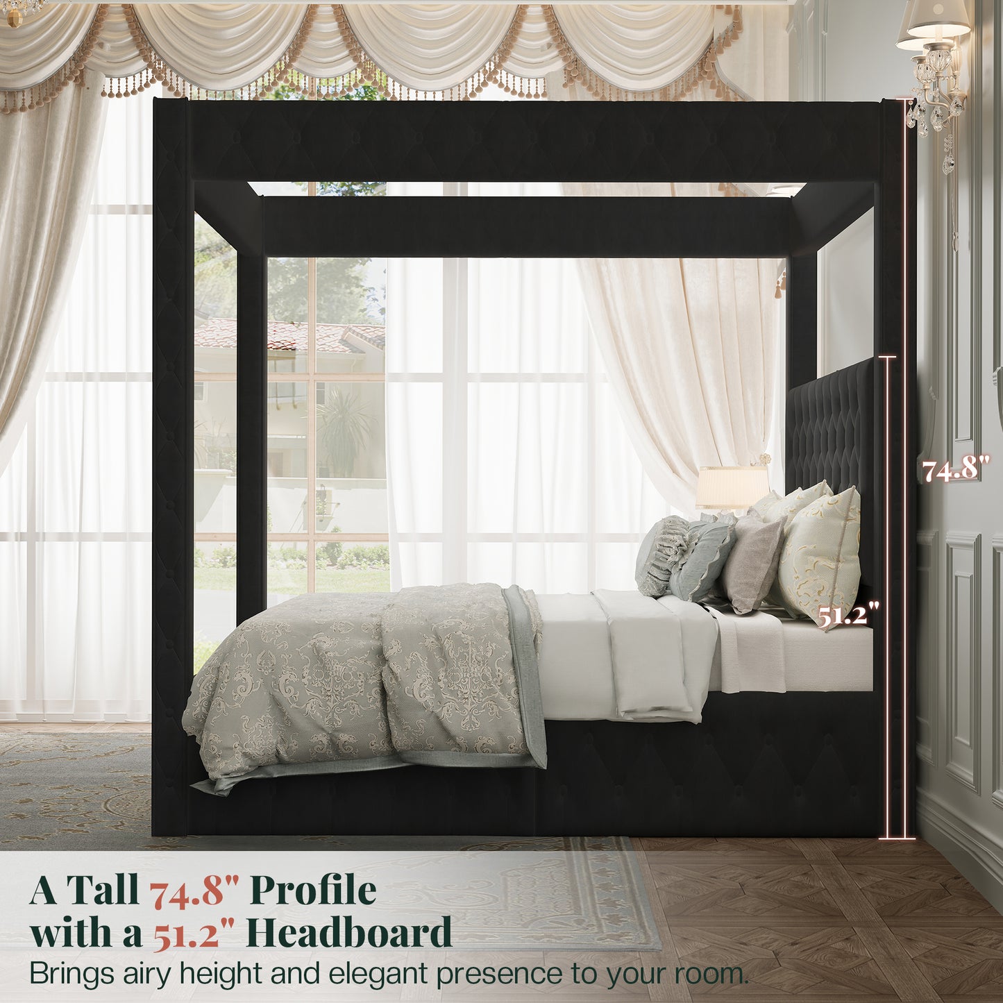 Jocisland Upholstered Canopy Bed Frame with 74.8" Tall Four Poster and Velvet Deep-Tufted Tall Headboard with Charging Station/Modern Luxury Style/No Box Spring Needed
