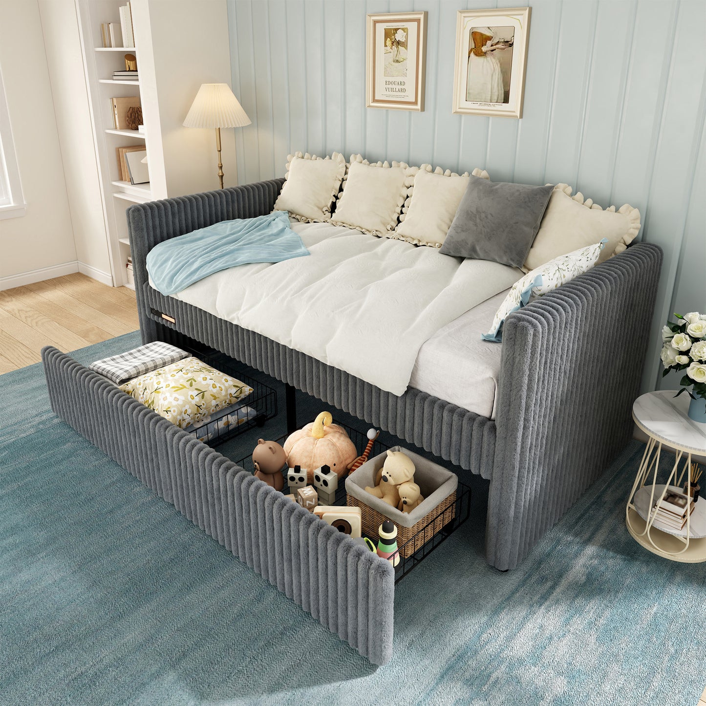 Jocisland Twin Size Corduroy Daybed with 2 Storage Drawers & Bedside Pockets, Upholstery Sofa Bed With Charging & Night Light, Easy Assembly, No Box Spring Needed, for Living Room, Bedroom