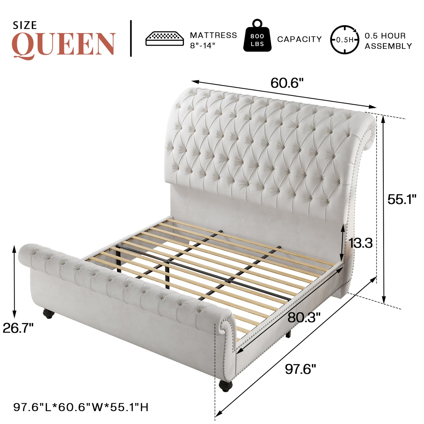 Jocisland Velvet Upholstered Platform Sleigh Bed Frame with Scroll Headboard & Footboard, Button Tufted