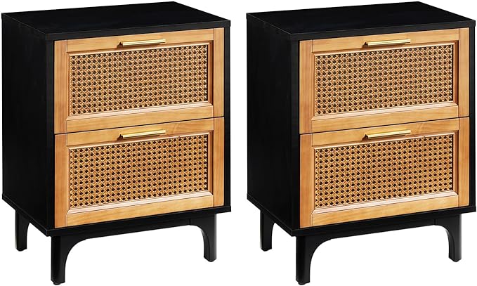 Rattan Nightstands Set of 2, Boho Accent Bedside Table with 2 Solid Wood Drawers Storage End Tables, Woven Vintage Side Tables for Bedroom, Black(2pcs)