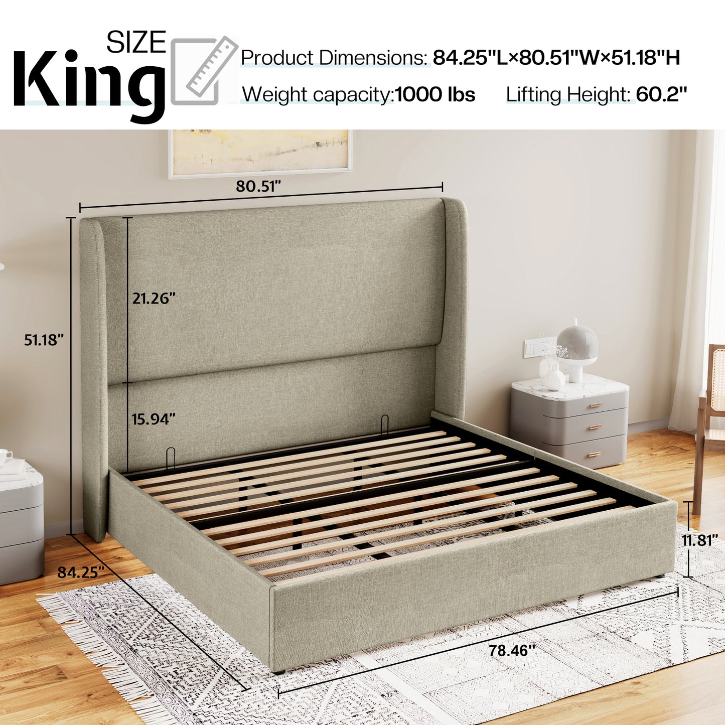 Jocisland Upholstered Platform Bed Frame with Hydraulic Lift Storage, Wingback Headboard, Wood Slats Support, No Box Spring Needed