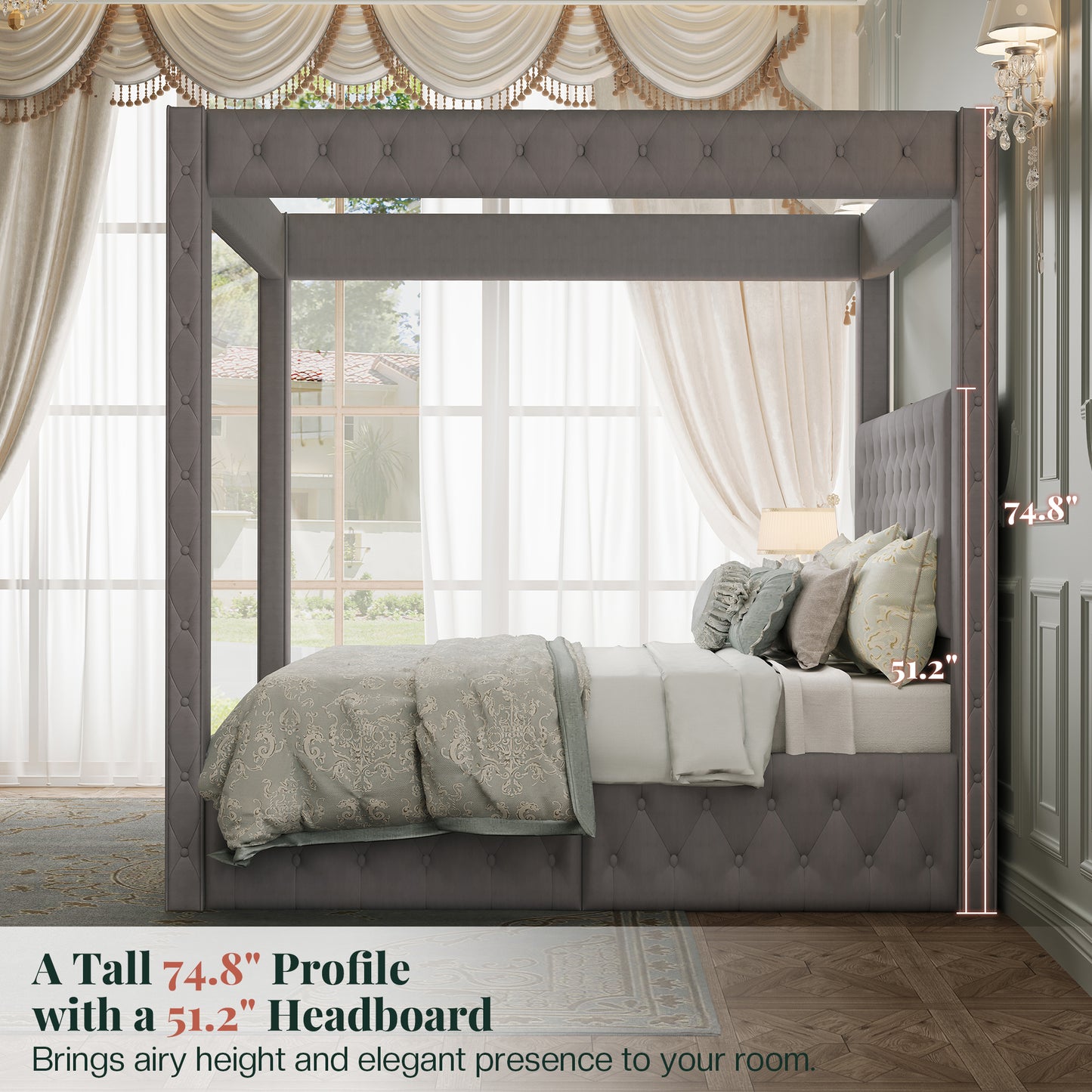 Jocisland Upholstered Canopy Bed Frame with 74.8" Tall Four Poster and Velvet Deep-Tufted Tall Headboard with Charging Station/Modern Luxury Style/No Box Spring Needed