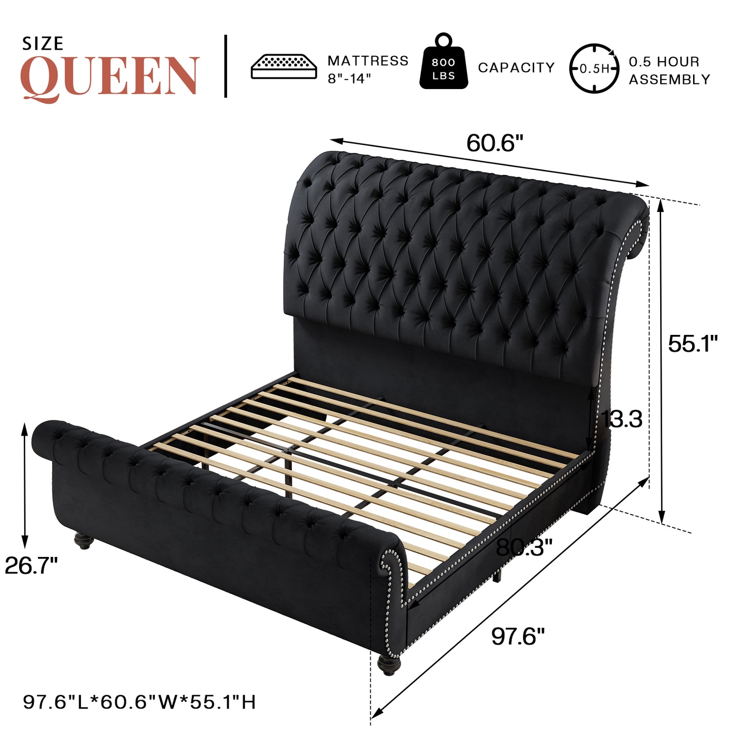 Jocisland Velvet Upholstered Platform Sleigh Bed Frame with Scroll Headboard & Footboard, Button Tufted