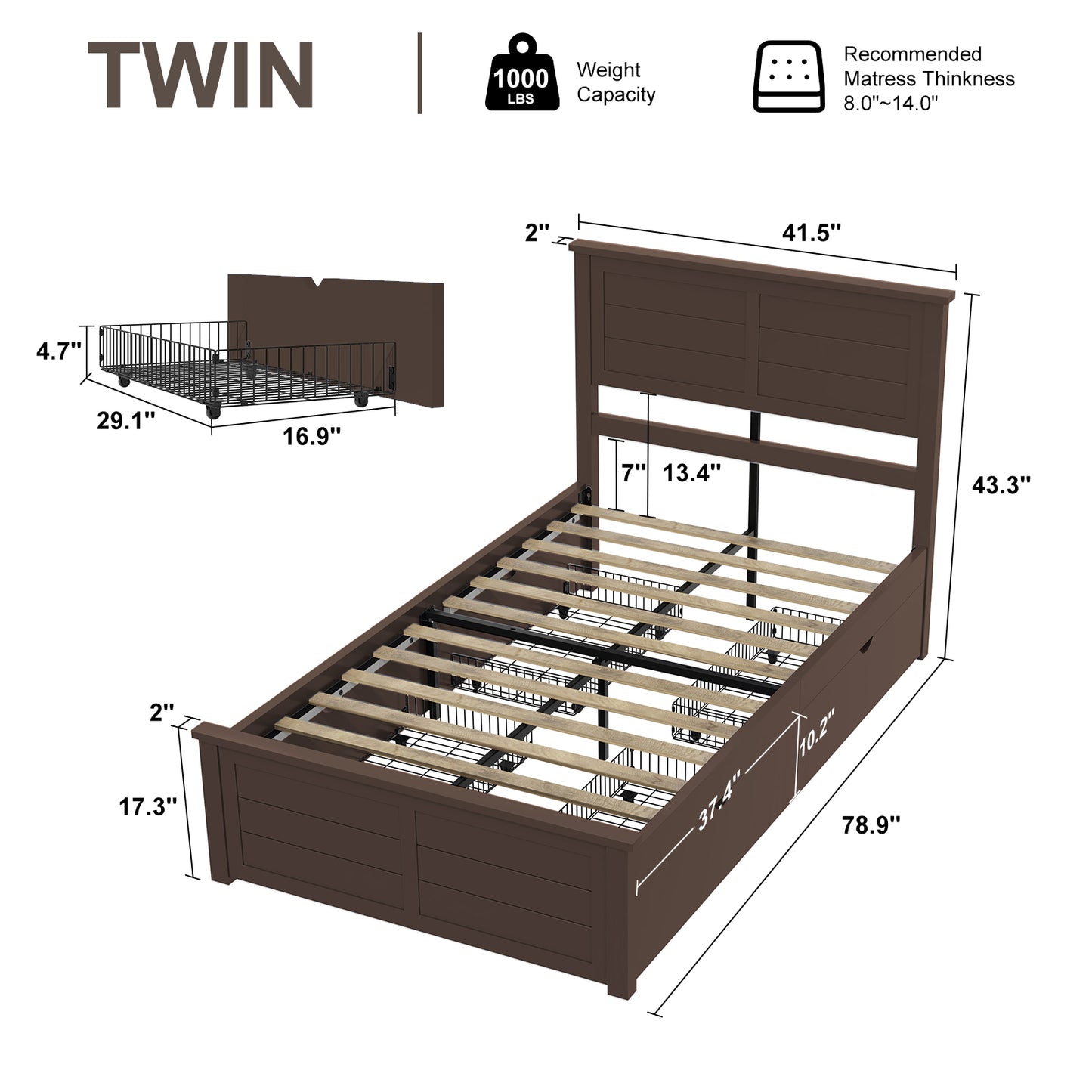 Farmhouse Twin Size Bed Frame with Headboard and 4 Storage Drawers, Solid Wood Barn Door Platform Bed with Wood Slats, Heavy Duty Mattress Foundation, Non-Slip & Noise-Free, Antique White