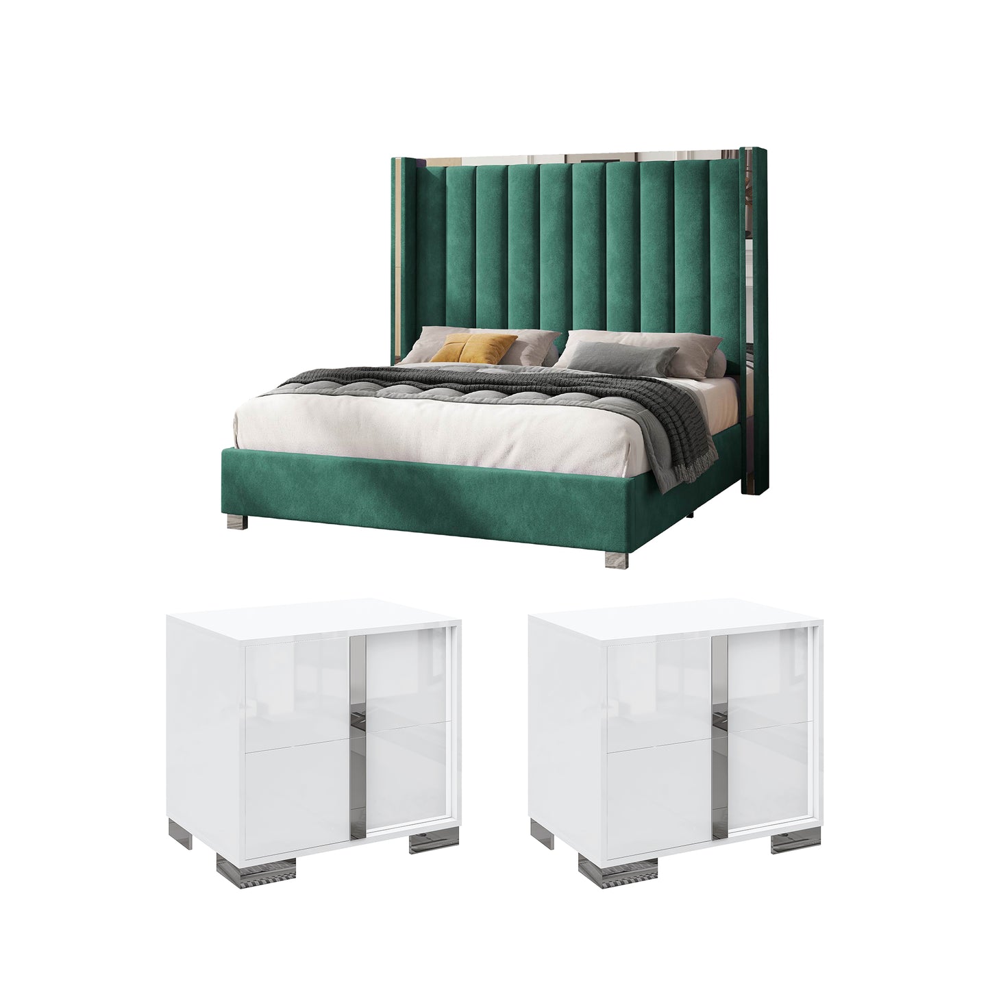 AMERLIFE 3-Piece Modern Bedroom Set Upholstered Bed Frame with 58" Wingback Headboard and 2 White Nightstands