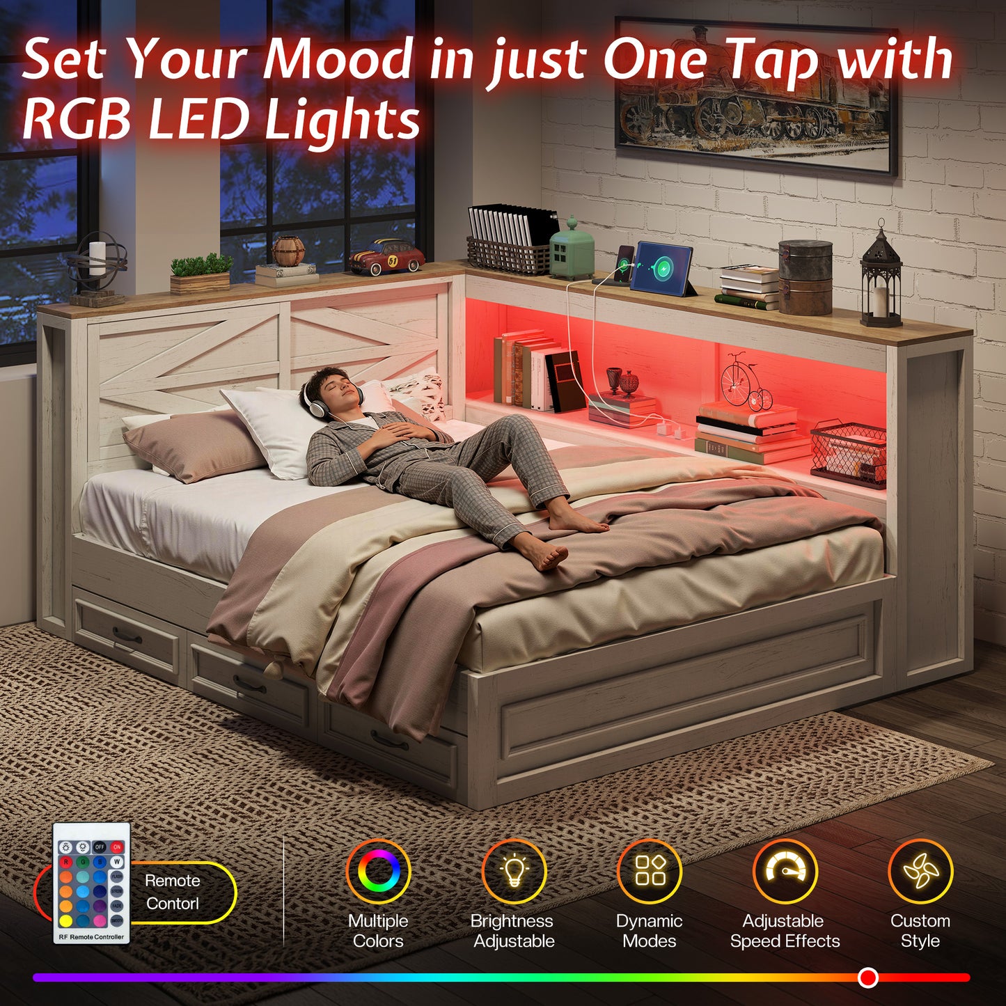 Jocisland Corner Bed Frame with Storage Drawers and Bookcase Headboard, Charging Station and Led Lights, Farmhouse Wood Daybed for Kids Teens, No Box Spring Needed