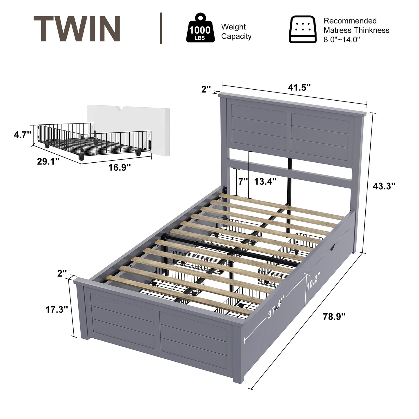 Farmhouse Twin Size Bed Frame with Headboard and 4 Storage Drawers, Solid Wood Barn Door Platform Bed with Wood Slats, Heavy Duty Mattress Foundation, Non-Slip & Noise-Free, Antique White