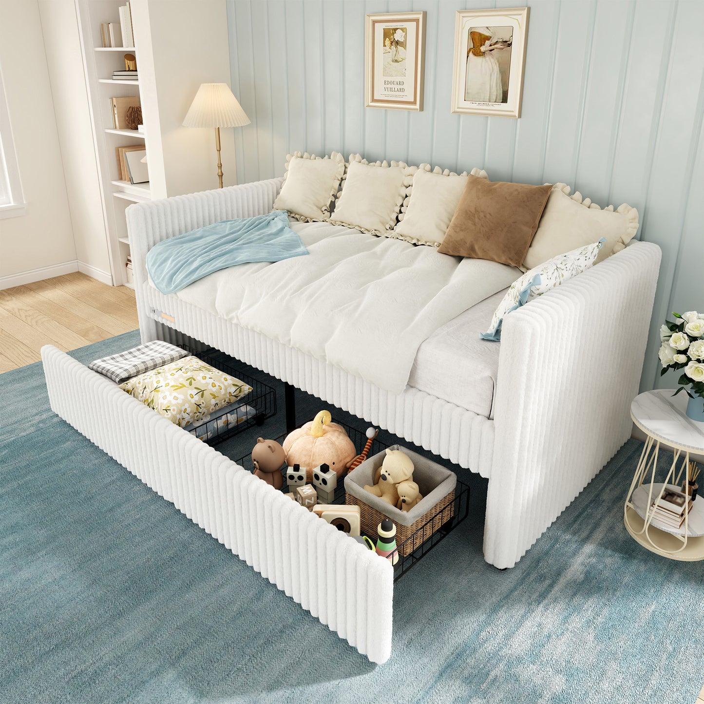 Jocisland Twin Size Corduroy Daybed with 2 Storage Drawers & Bedside Pockets, Upholstery Sofa Bed With Charging & Night Light, Easy Assembly, No Box Spring Needed, for Living Room, Bedroom
