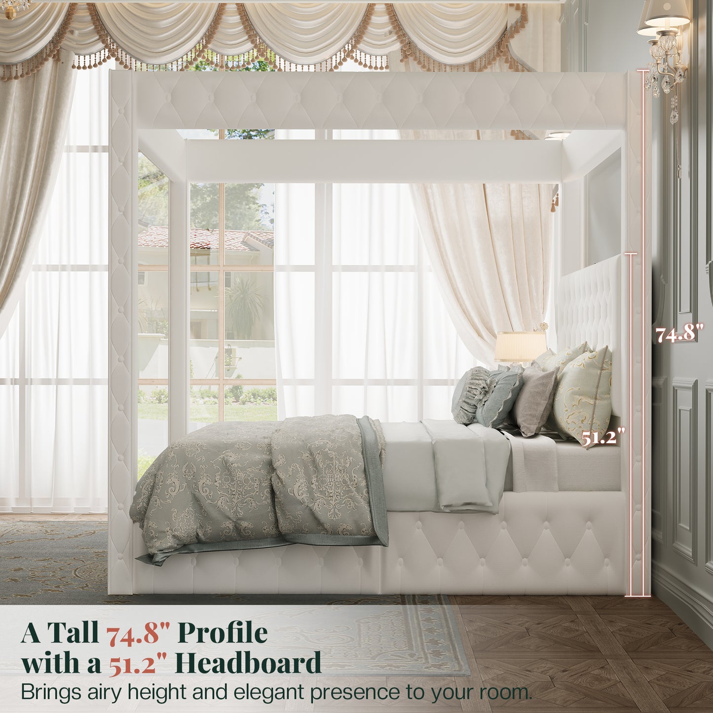Jocisland Upholstered Canopy Bed Frame with 74.8" Tall Four Poster and Velvet Deep-Tufted Tall Headboard with Charging Station/Modern Luxury Style/No Box Spring Needed