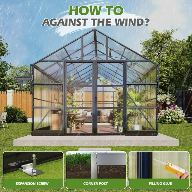 Jocisland 10x18 FT Polycarbonate Greenhouse with Rain Gutter & 4 Roof Vents, Heavy Duty Aluminum Greenhouse for Outdoor Garden Backyard, Black