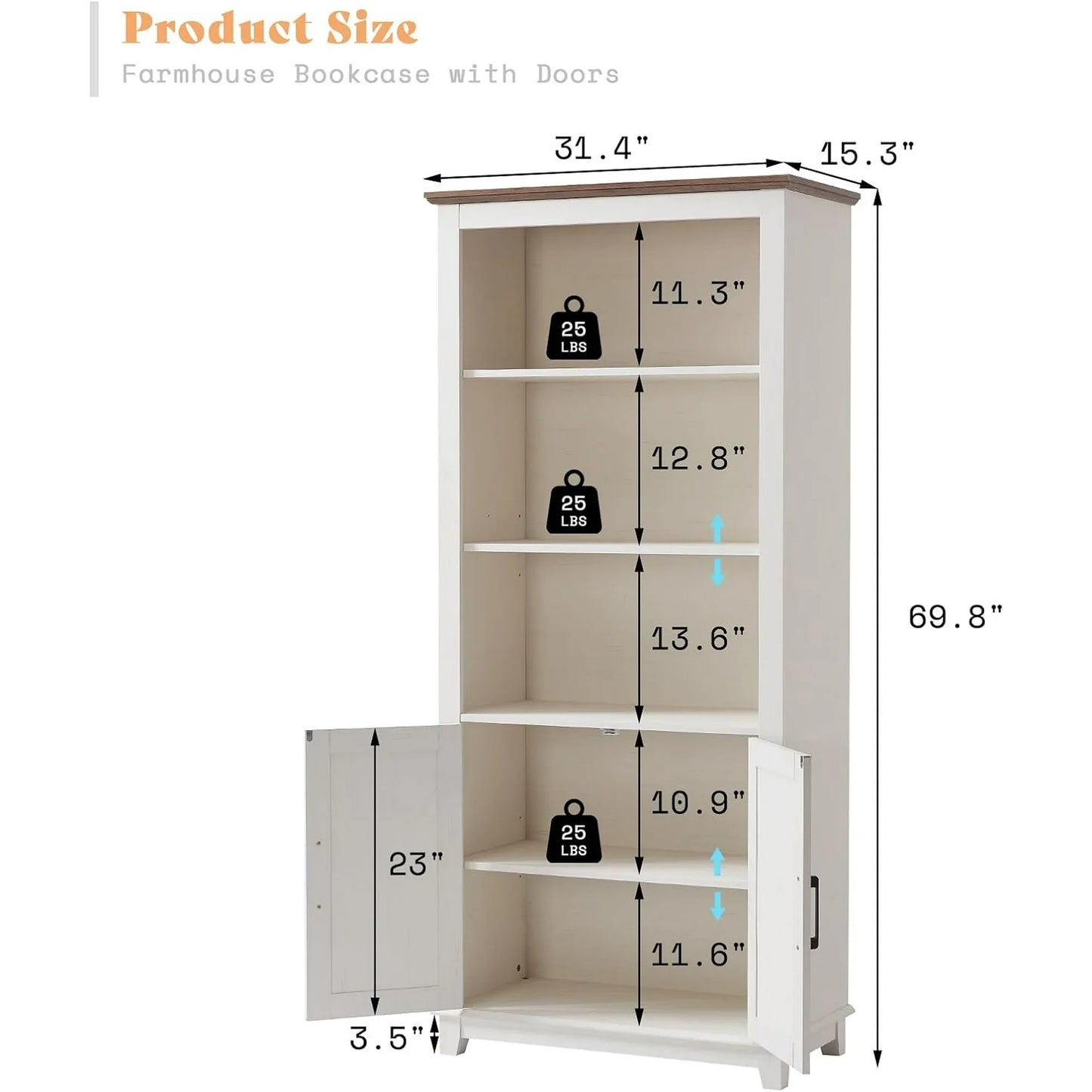 Farmhouse Bookcase with Doors, 5 Shelf Bookshlf Storage Cabine with Adjustable Shelves & Barn Door, Versatile Storage Pantry Cabinet for Bedroom, Living Room, Kitchen, Rustic White