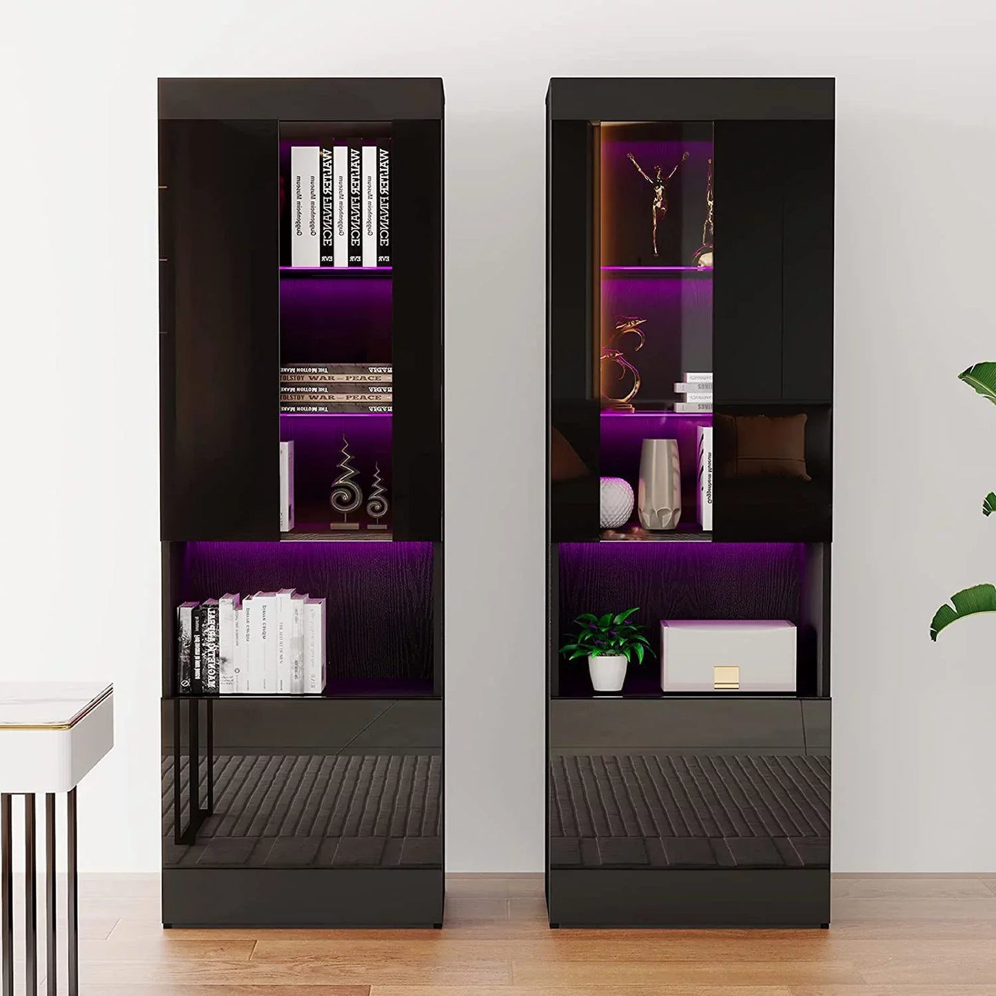 2 Piece Bookcase Storage Cabinet, Wood Glossy Bookshelf with 3-Tier Shelves，Living Room, Black