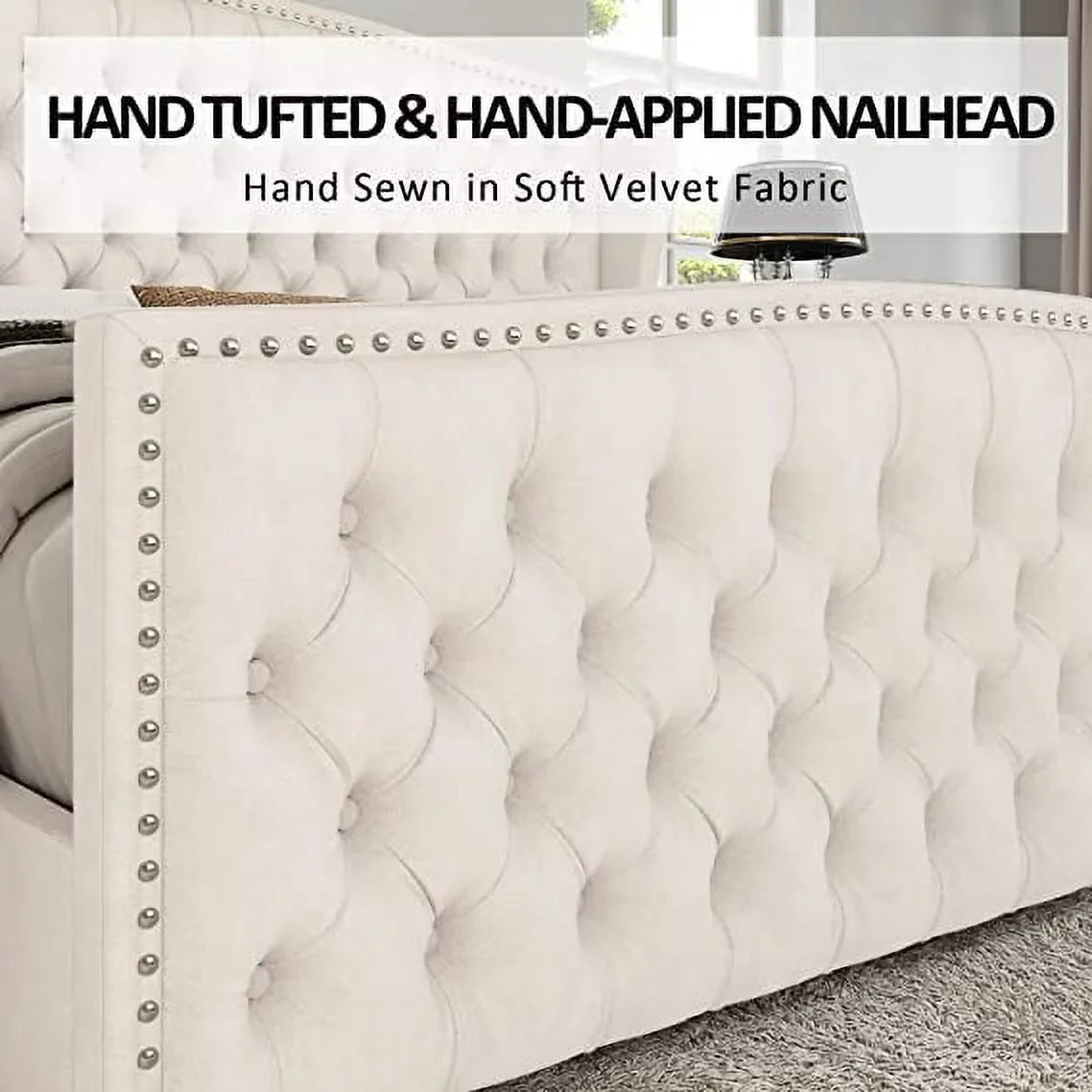 Queen Size Platform Bed Frame, Velvet Upholstered Bed with Deep Button Tufted & Nailhead Trim Wingback Headboard/No Box Spring Needed/Cream