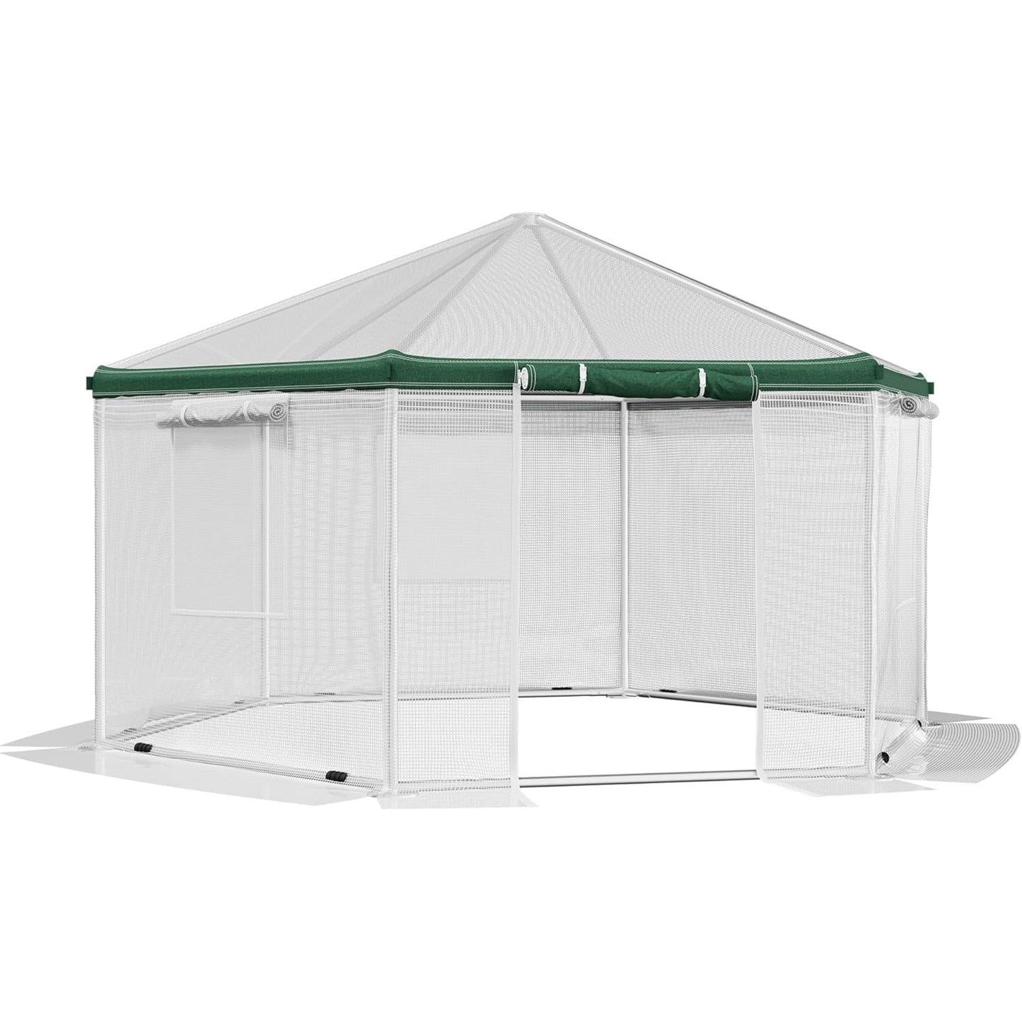 Jocisland 13.5x13.5x9 FT Hexagonal Walk-in Greenhouse for Outdoors, Heavy-Duty Greenhouse with Windbreak Ropes, Waterproof PE Cover, Ground Stakes, Tunnel Green House for Garden, White/Green