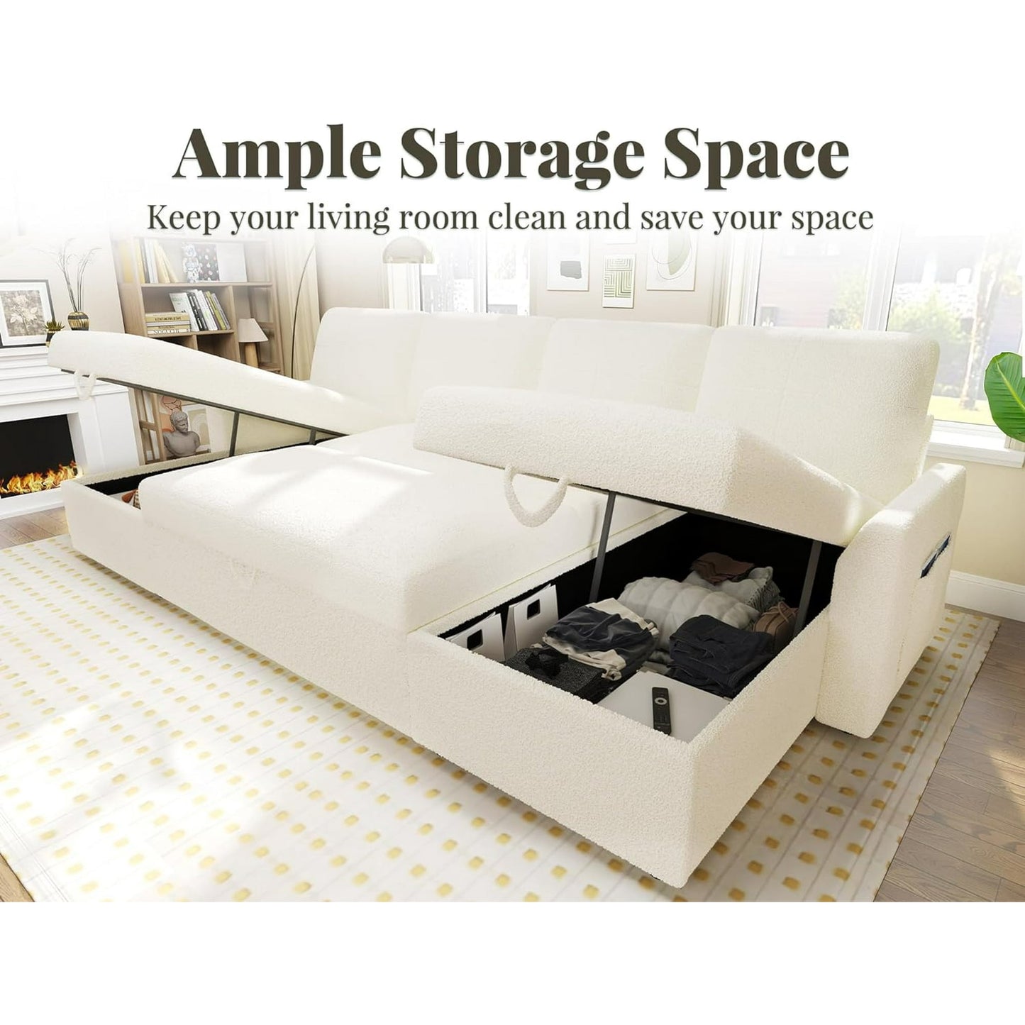 Sleeper Sofa, 110 inch Overisze Sofa Bed with 2 Storage Chaise for Living Room, White Boucle