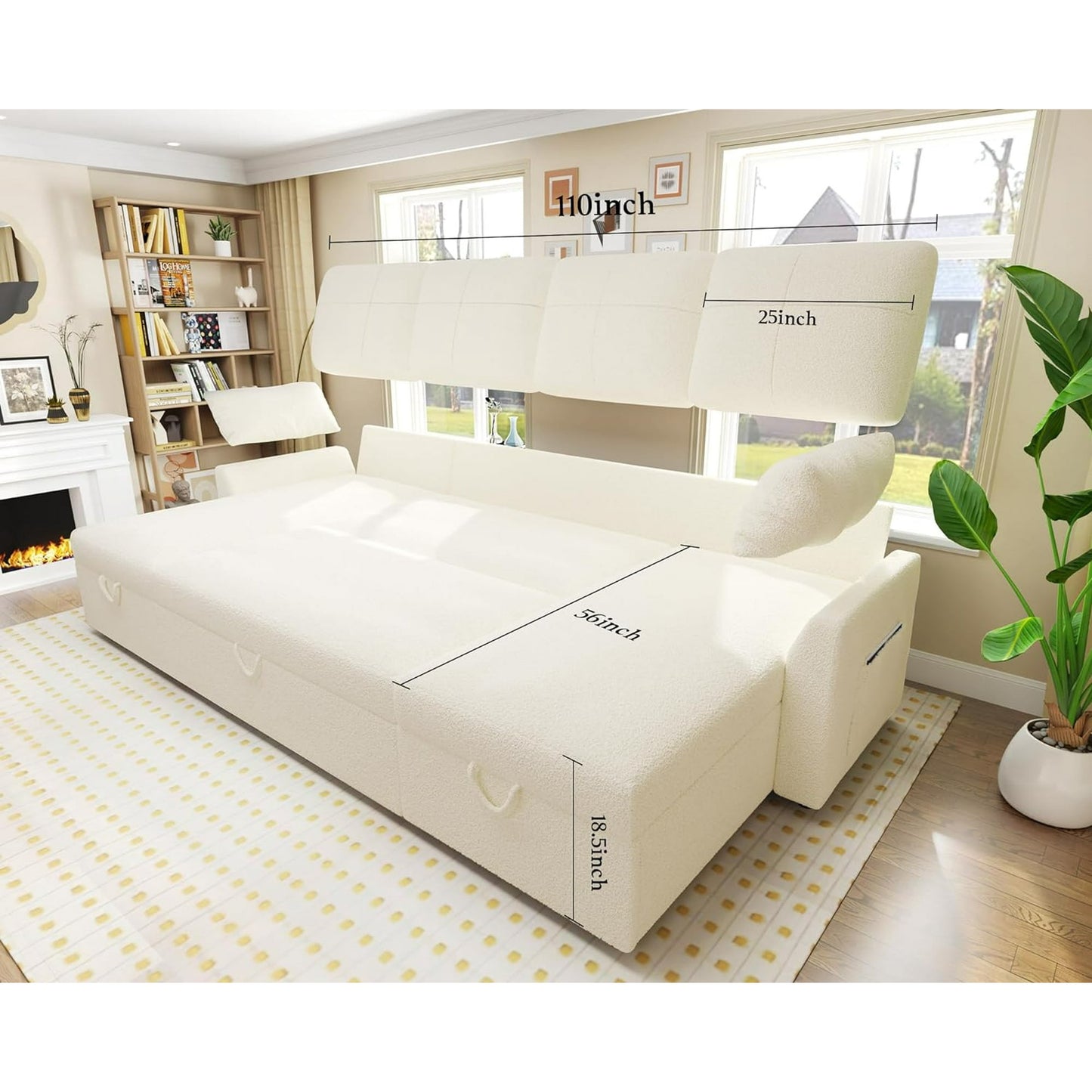 Sleeper Sofa, 110 inch Overisze Sofa Bed with 2 Storage Chaise for Living Room, White Boucle