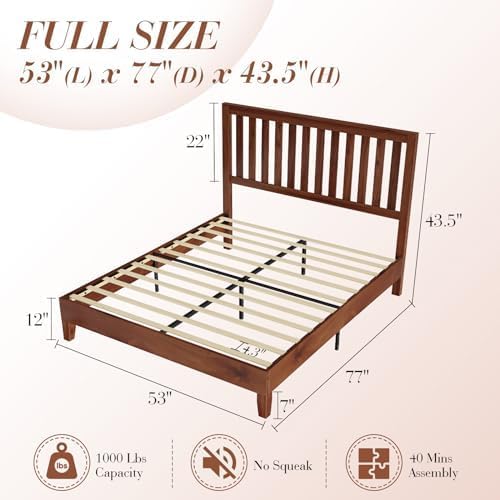 Queen Size Solid Wood Bed Frame, Mid-Century Wooden Platform Bed with Grille Headboard, Wood Slat System/No Box Spring Needed/Noise Free, Natural