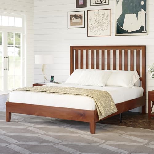 Queen Size Solid Wood Bed Frame, Mid-Century Wooden Platform Bed with Grille Headboard, Wood Slat System/No Box Spring Needed/Noise Free, Natural