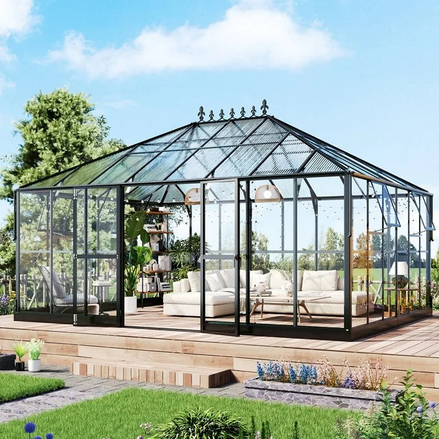 Jocisland 14x9.5x9 FT Pavilion Styled Greenhouse with Clear Panels Double Swing Doors, 6 FT Wall Height Hybrid Polycarbonate Greenhouse, Green Houses for Outdoors, Sunroom Black