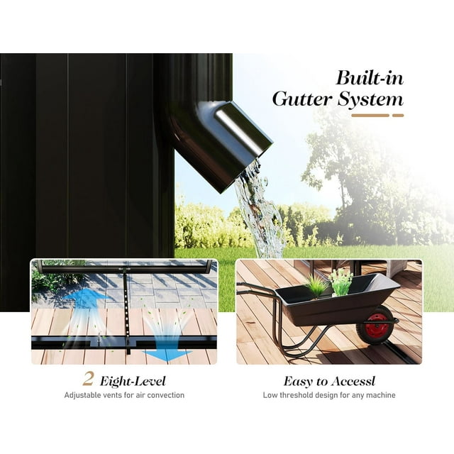 Jocisland 14x9.5x9 FT Pavilion Styled Greenhouse with Clear Panels Double Swing Doors, 6 FT Wall Height Hybrid Polycarbonate Greenhouse, Green Houses for Outdoors, Sunroom Black