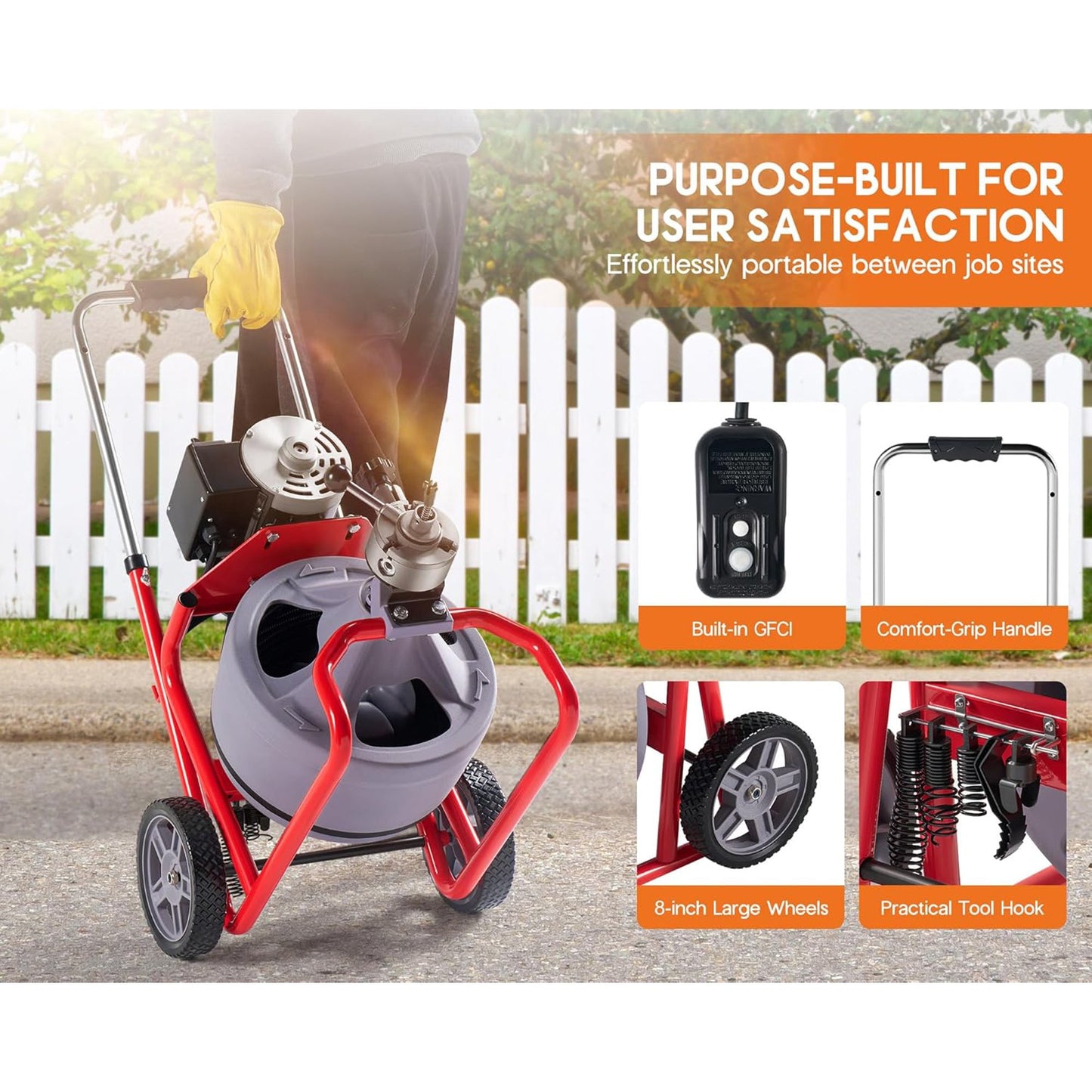 Jocisland Drain Cleaner Machine 75 FT x 3/8 inch, Auto Feed Electric Drain Snake with 9 Cutters & Air-activated Foot Switch for 1 to 4 Inch Pipes, Sewer Snake Auger, Grey/Red