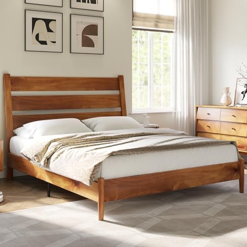 Solid Wood Bed Frame, Mid Century Platform Bed with Reclining Slatted Headboard, Wood Slat Support/No Box Spring Needed/Noise Free,