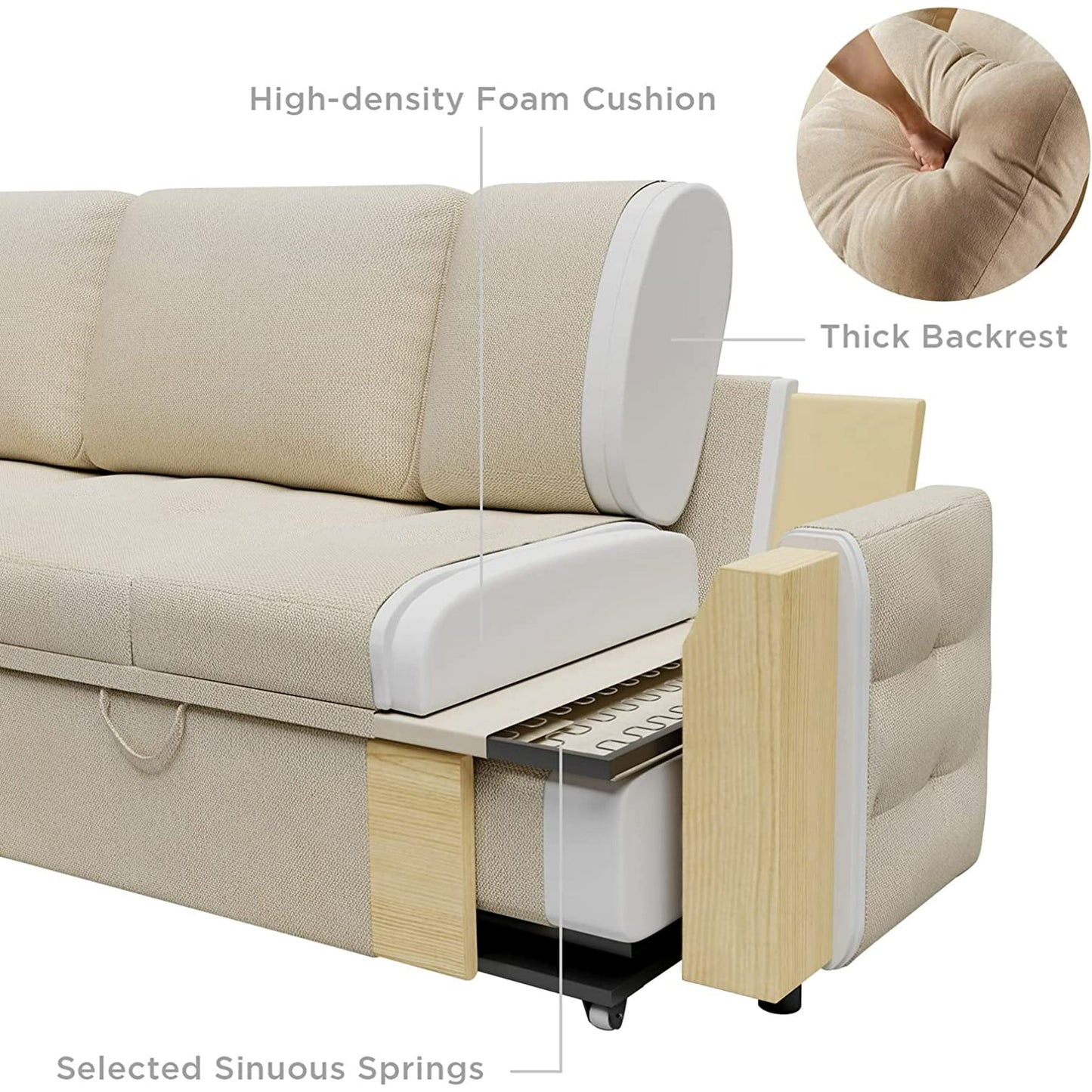 Pull Out Sofa Bed, Tufted Sleeper Sofa, L Shaped Couch with Storage Chaise, Chenille Beige