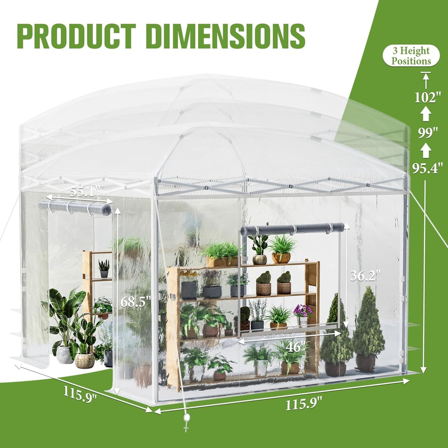 LUXOAK 9.7x9.7×8.5 FT Upgraded Pop-up Greenhouses for Outdoors Indoor with Adjustable Reinforced Frame, Portable Walk in Green house with Roll-up Zipper Door, Windows and PE Cover, White