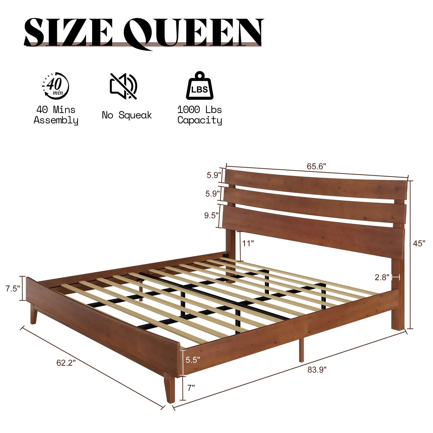 Queen Solid Wood Bed Frame with Slatted Headboard, Wood Slat Support, No Box Spring, Walnut