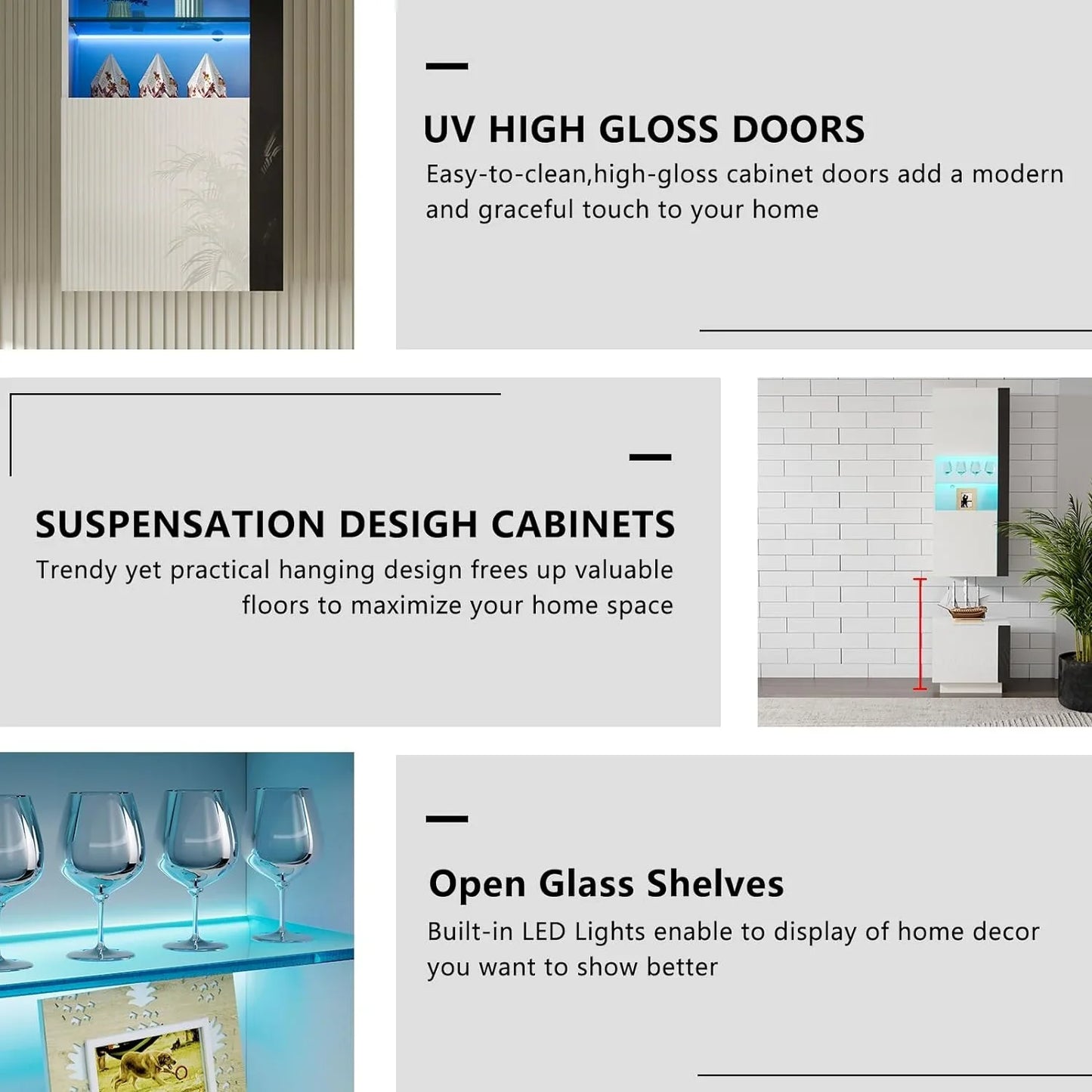 Modern Wall Storage Cabinets with LED Lights, Hanging Cabinets with Closed Doors & Open Shelves, White