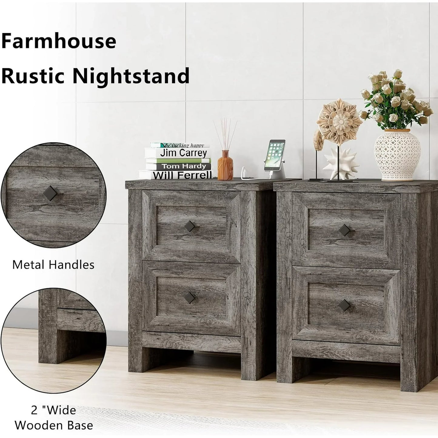 Nightstand Set of 2 with Charging Station, Wood End Table with 2 Drawers Storage Cabinet Grey