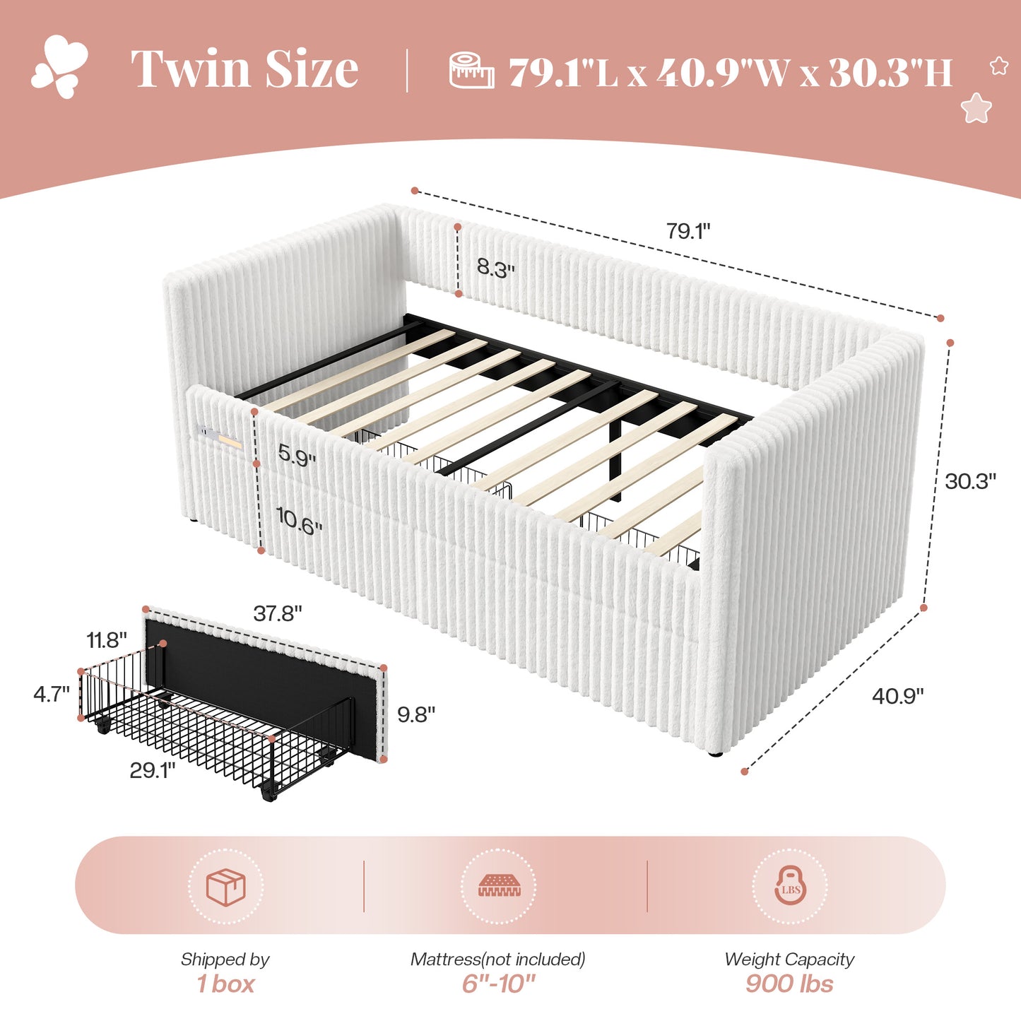 Jocisland Twin Size Corduroy Daybed with 2 Storage Drawers & Bedside Pockets, Upholstery Sofa Bed With Charging & Night Light, Easy Assembly, No Box Spring Needed, for Living Room, Bedroom