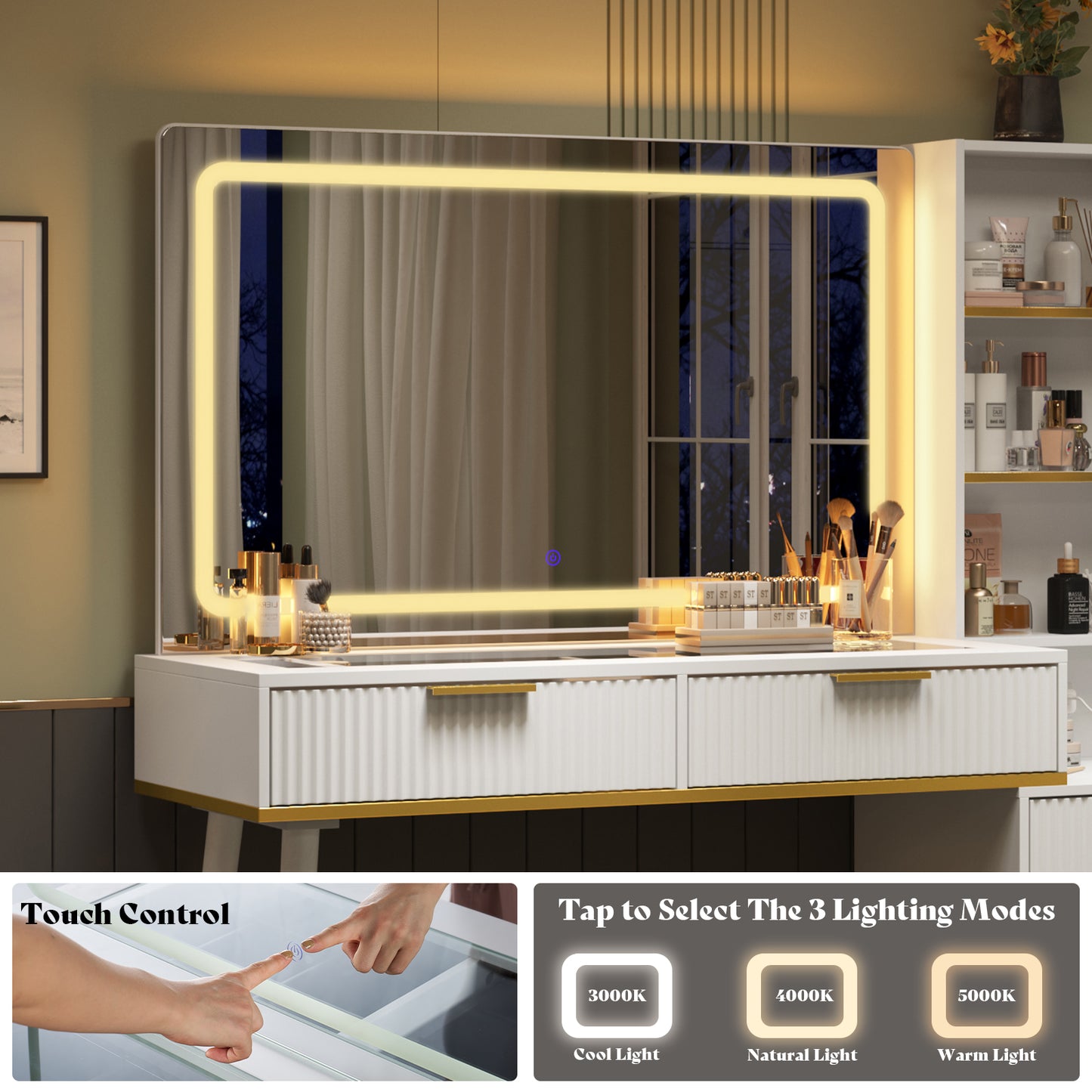 AMERLIFE 48" Vanity Desk with 35" Large Lighted Mirror, Big Modern Makeup Vanity Cabinet with 5 Drawers & Shelves, Dressing Table with Charging Station/Glass Desktop/Hair Dryer Stand