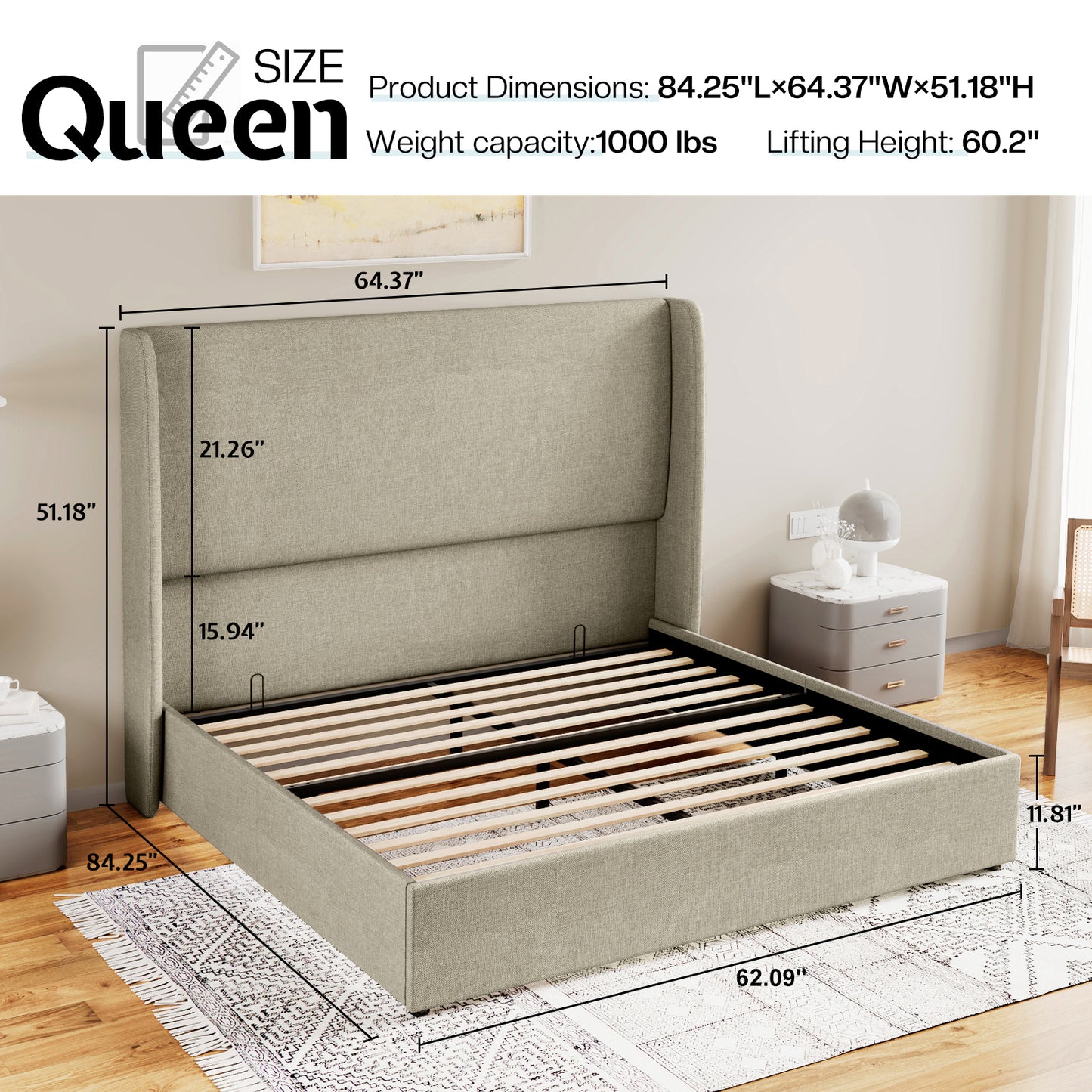 Jocisland Upholstered Platform Bed Frame with Hydraulic Lift Storage, Wingback Headboard, Wood Slats Support, No Box Spring Needed