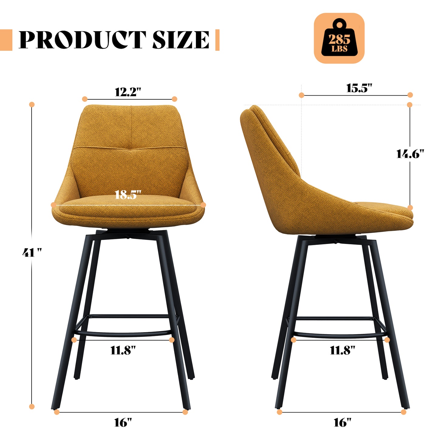 Melucy Counter Height Bar Stools Set of 2, 360° Swivel Bar Stools with Curved Back and Large Seat Cushion, 41" Tall Linen Bar Chair with Metal Footrest, Modern Barstools for Kitchen Island, Black