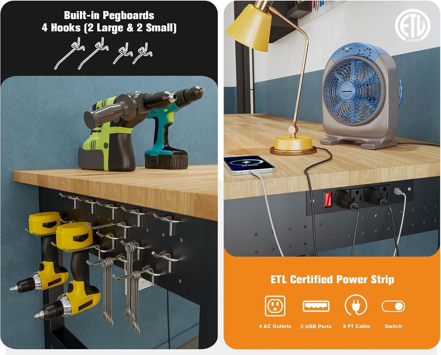 Jocisland Adjustable Workbench with Power Outlets, 2000 Lbs Capacity Rubber Wood Top Work Benches for Garage, Heavy Duty Work bench, Office, Workshop