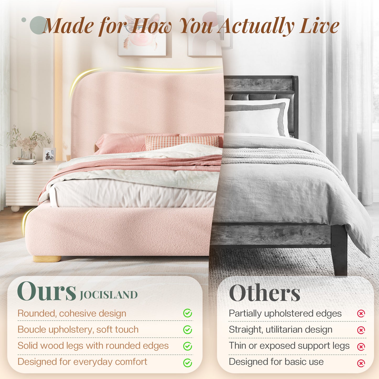 Jocisland Cloud Bed Frame, 7.1" Thick Curved Headboard, Soft Rounded Corners Kid & Pet Safe Design, Modern Upholstered Platform Bed, No Box Spring Needed, Easy Assembly