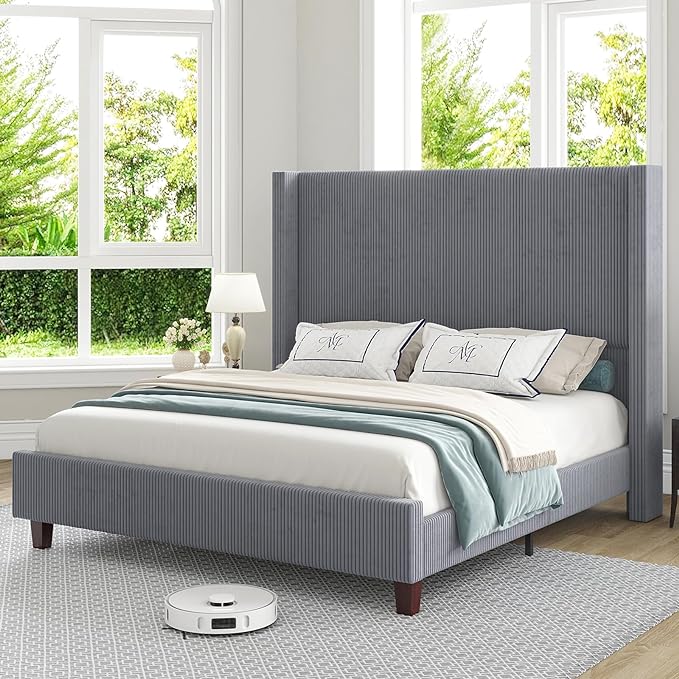 Corduroy Upholstered Bed Frame, Platform Bed with Vertical Stripe Wingback Headboard, No Box Spring Needed/Noise Free/Solid Wood Slats & Legs