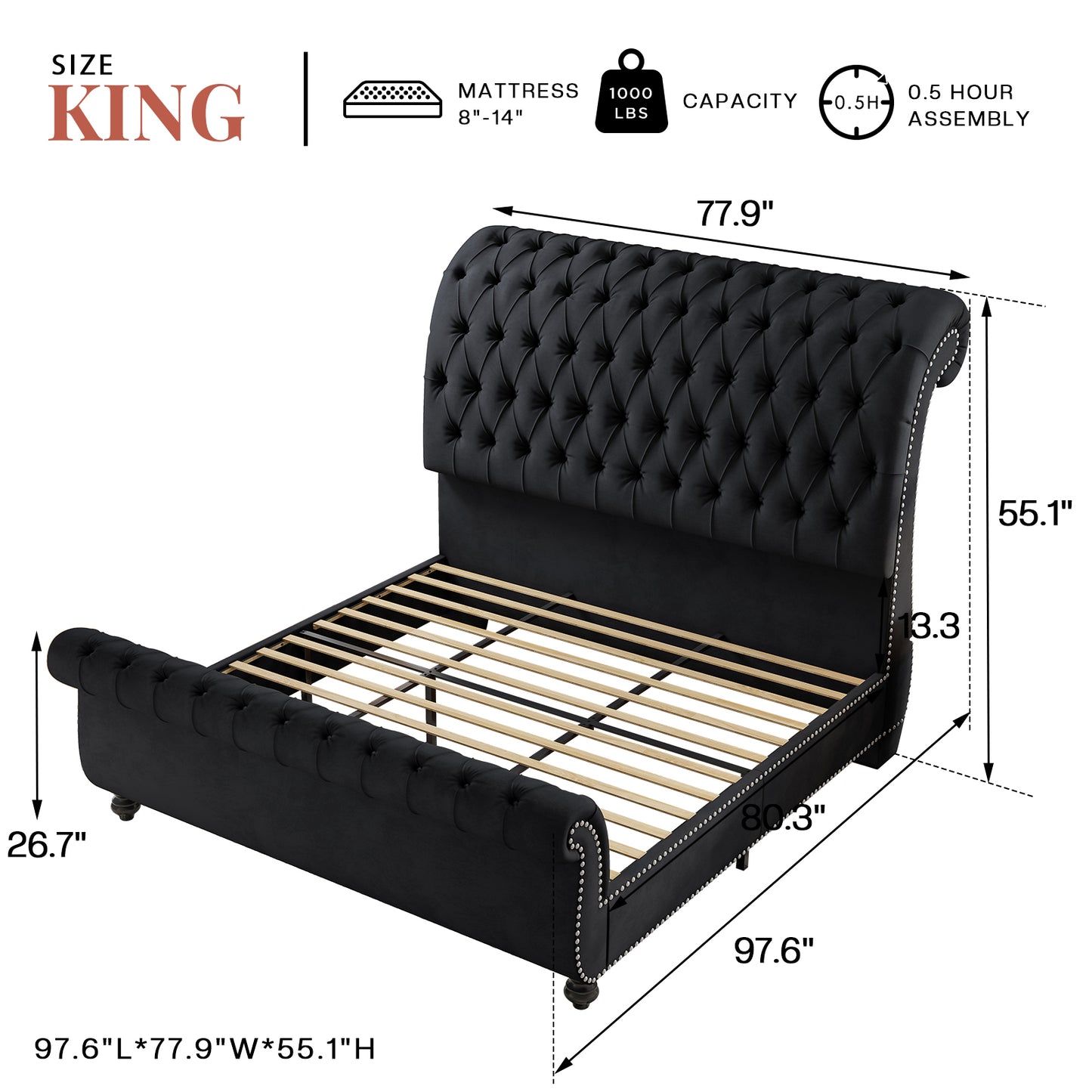 Jocisland Velvet Upholstered Platform Sleigh Bed Frame with Scroll Headboard & Footboard, Button Tufted