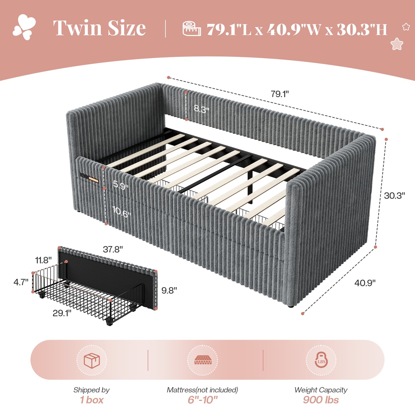 Jocisland Twin Size Corduroy Daybed with 2 Storage Drawers & Bedside Pockets, Upholstery Sofa Bed With Charging & Night Light, Easy Assembly, No Box Spring Needed, for Living Room, Bedroom
