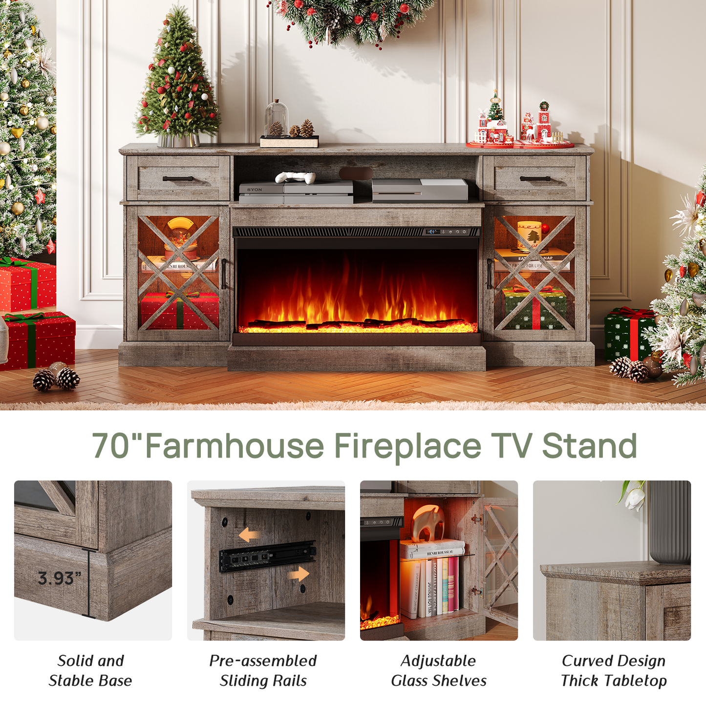 Merluxy Farmhouse LED Fireplace TV Stand with 3-Sided Glass Fireplace, 70" Large Entertainment Center for TVs up to 80", Rustic TV Console with Glass Door Storage for Living Room, Light Gray