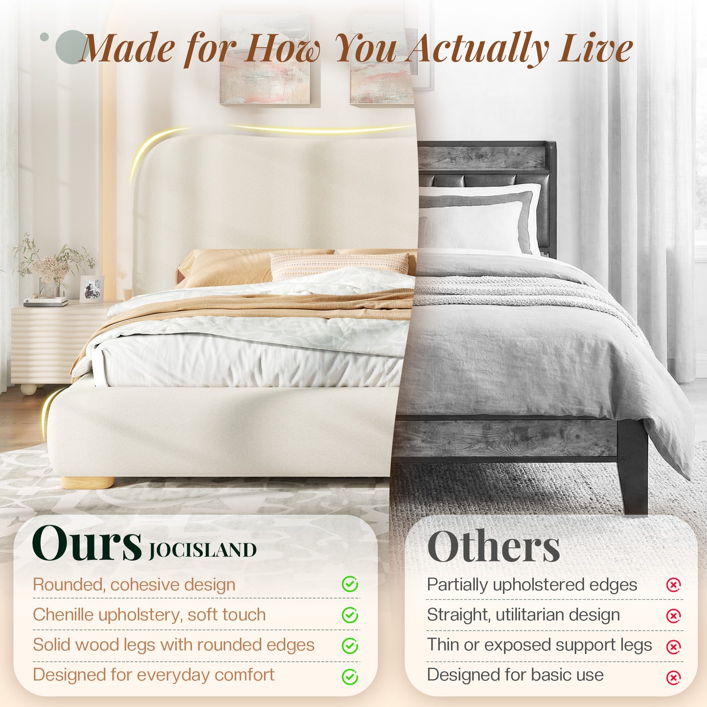 Jocisland Cloud Bed Frame, 7.1" Thick Curved Headboard, Soft Rounded Corners Kid & Pet Safe Design, Modern Upholstered Platform Bed, No Box Spring Needed, Easy Assembly