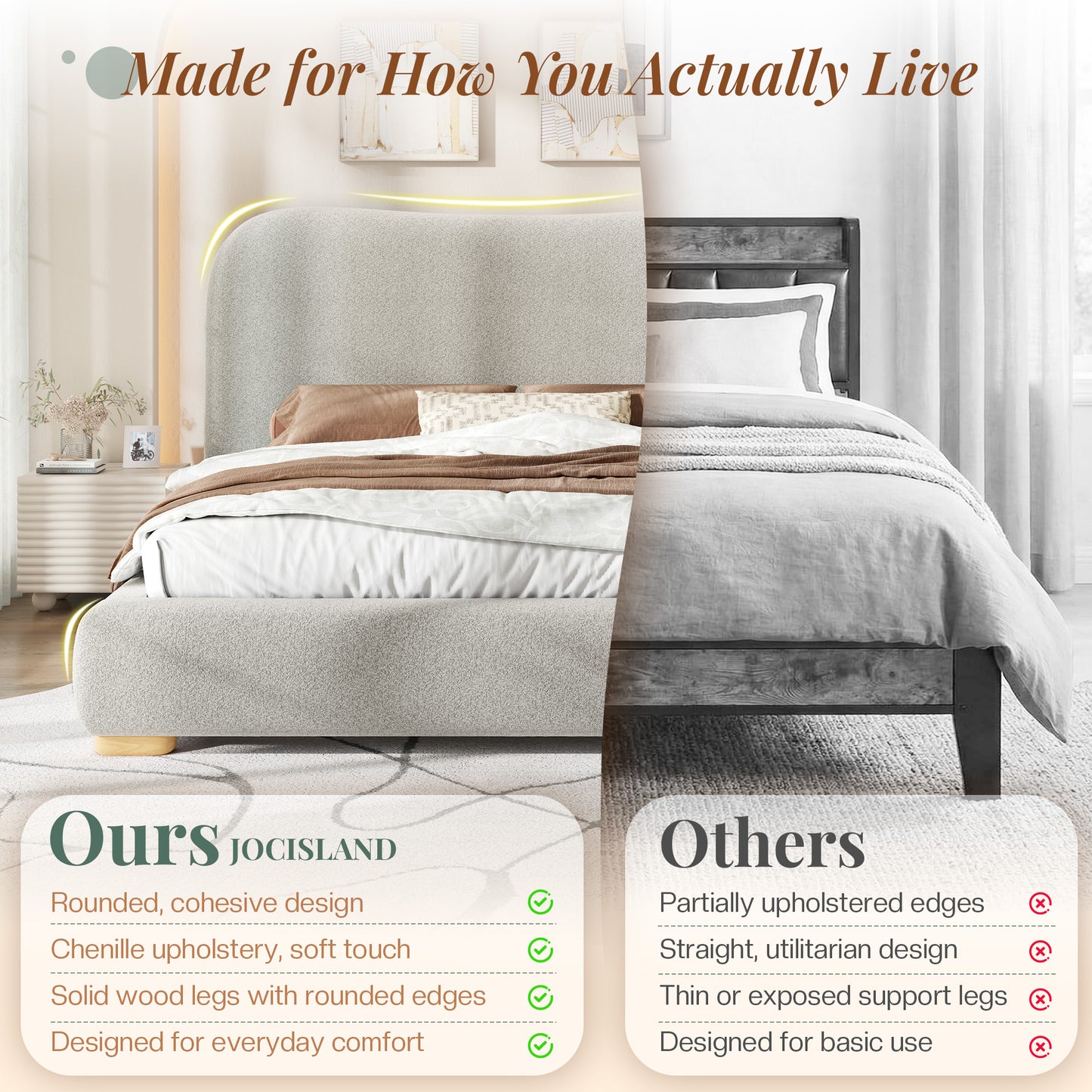 Jocisland Cloud Bed Frame, 7.1" Thick Curved Headboard, Soft Rounded Corners Kid & Pet Safe Design, Modern Upholstered Platform Bed, No Box Spring Needed, Easy Assembly