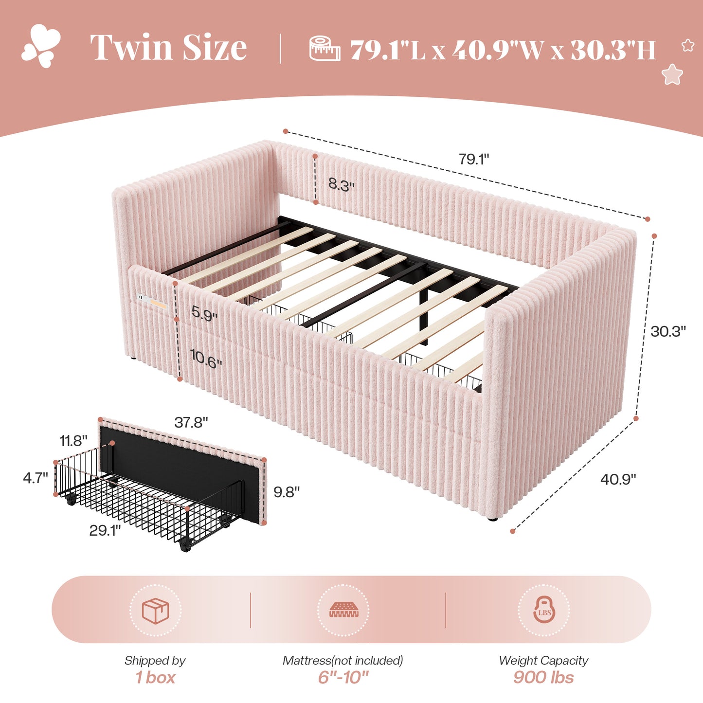 Jocisland Twin Size Corduroy Daybed with 2 Storage Drawers & Bedside Pockets, Upholstery Sofa Bed With Charging & Night Light, Easy Assembly, No Box Spring Needed, for Living Room, Bedroom