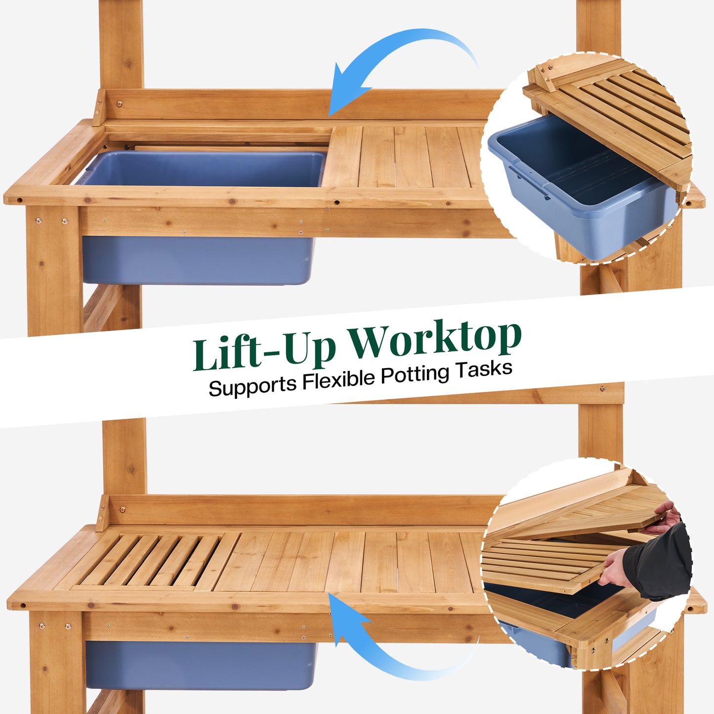 Jocisland Solid Wood Outdoor Potting Bench Table with Large Tabletop, Heavy-Duty Garden Workstation with Removable Plastic Bin, Multi-Level Storage Shelf, Easy Assembly for Patio, Yard & Gardening