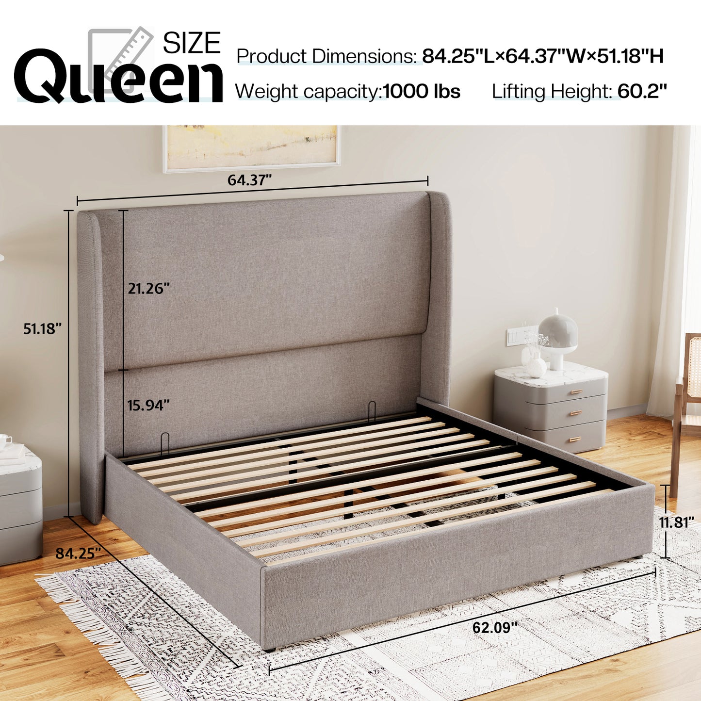 Jocisland Upholstered Platform Bed Frame with Hydraulic Lift Storage, Wingback Headboard, Wood Slats Support, No Box Spring Needed