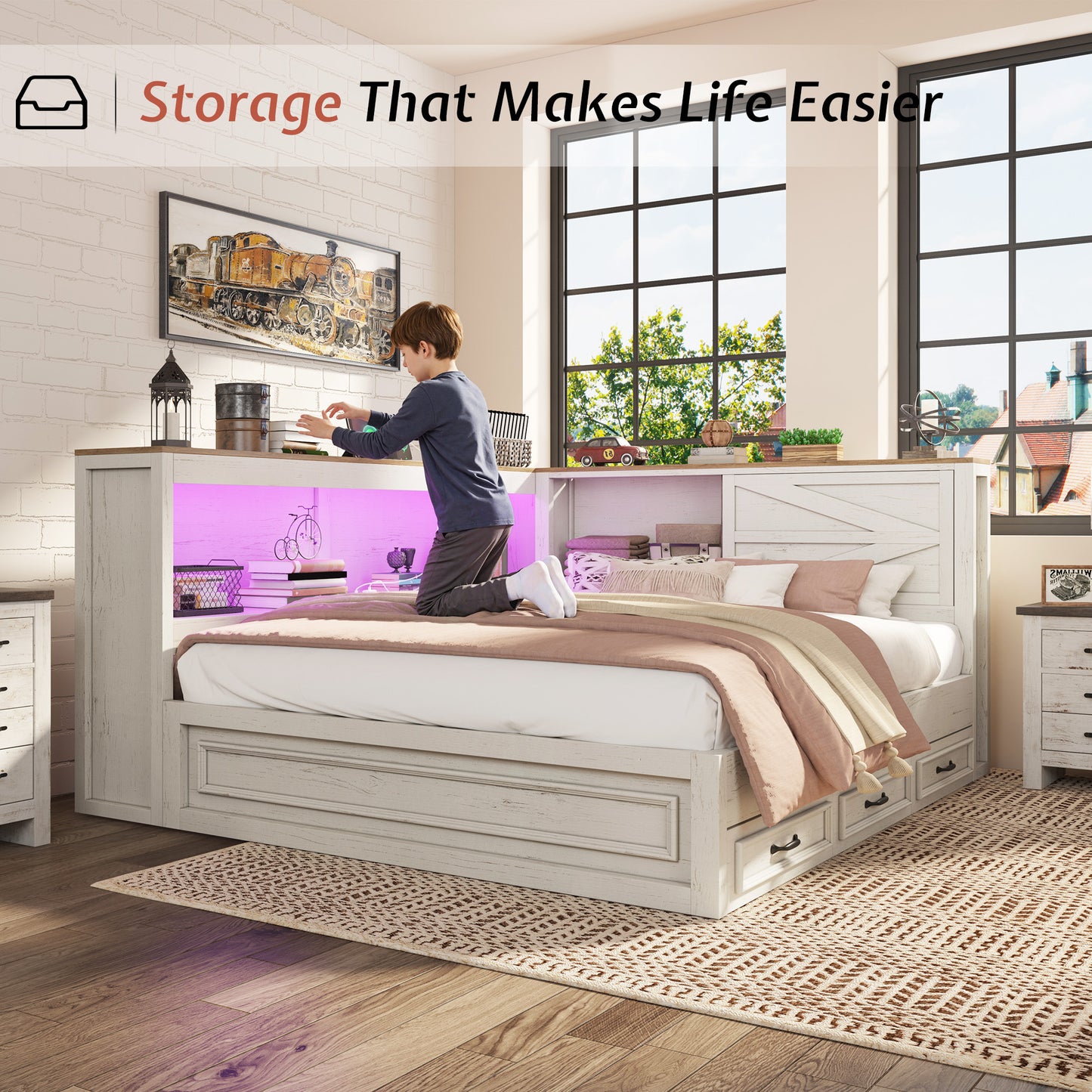 Jocisland Corner Bed Frame with Storage Drawers and Bookcase Headboard, Charging Station and Led Lights, Farmhouse Wood Daybed for Kids Teens, No Box Spring Needed