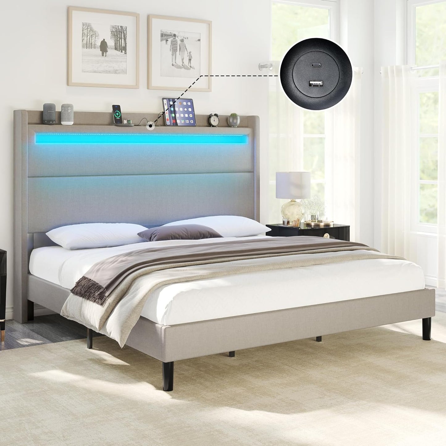 Bed Frame with LED Lights & Wingback Headboard, Upholstered Platform Bed with USB & USB-C Ports, No Box Spring Needed/Noise Free