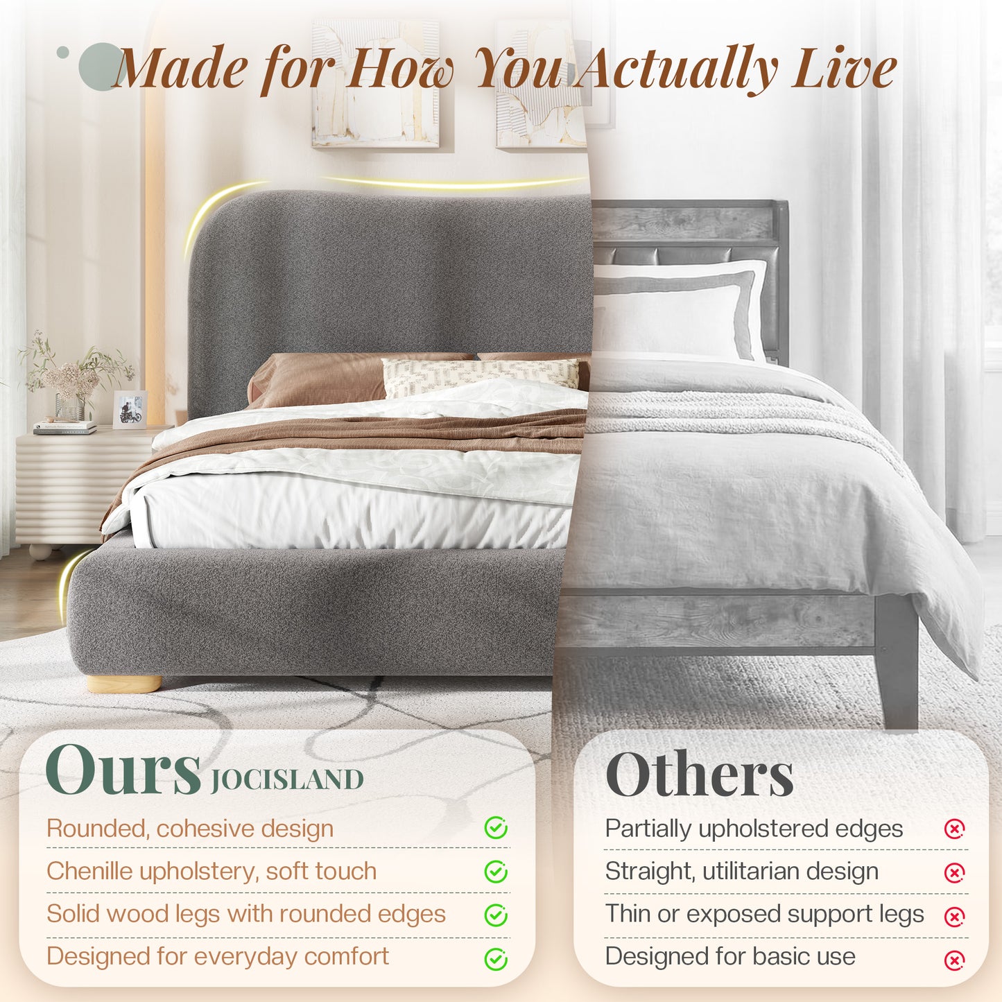 Jocisland Cloud Bed Frame, 7.1" Thick Curved Headboard, Soft Rounded Corners Kid & Pet Safe Design, Modern Upholstered Platform Bed, No Box Spring Needed, Easy Assembly