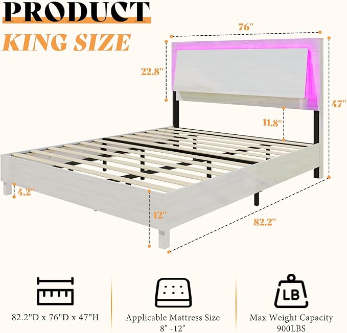 Platform Bed Frame with Smart RGBW LED Lights, High Gloss Wooden Bed Frame with Floating Ergonomic Headboard, Slats Support/No Box Spring Needed